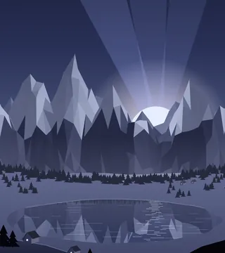 Jagged snowy peaks over a lake that mirrors them, with two small chalets.