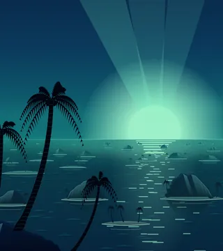 A sea dotted with small islands, each with its own beach and palms.
