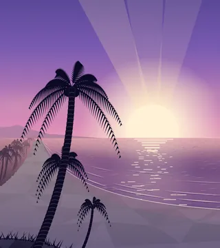 Coconut palms on a sandy beach, the sun setting on the sea.