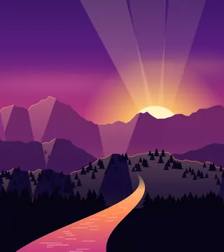 Faceted mountain ridges and pine forests at dusk, with a river winding toward you.