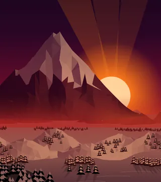 One great snowy mountain over frosted pines, under a red eclipse sky.