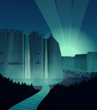 Two waterfalls dropping off a tall cliff into a misty pool, under green northern lights.