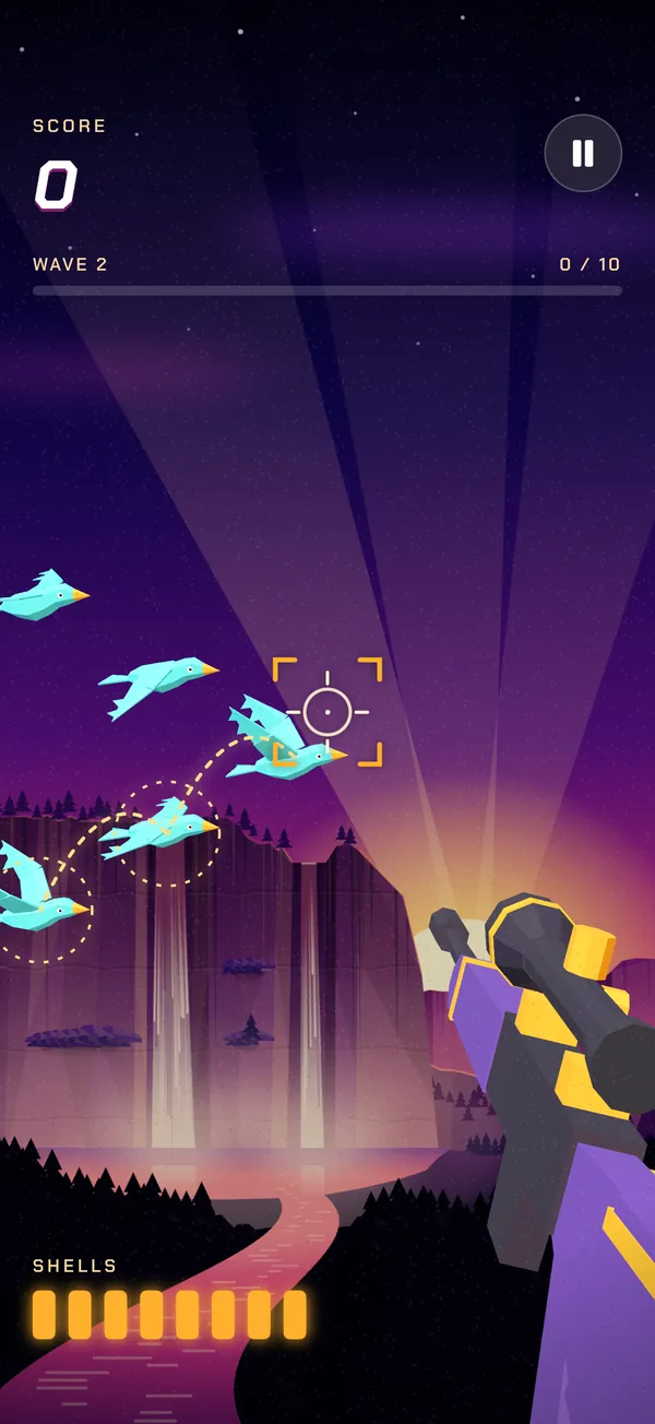 A real FlockAim screen: birds crossing a dusk sky, the crosshair on one of them, and dashed gold lines showing where it would fall.